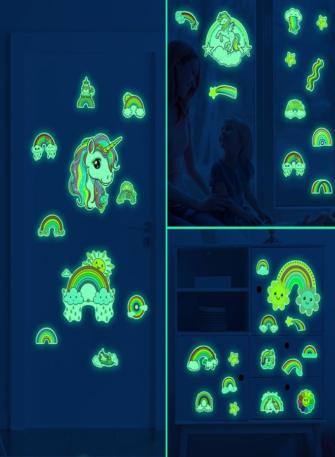 Robmoda Glow in The Dark Unicorn and Rainbow Wall Decals, Stars Stickers for Baby Girls Room, Luminous Ceiling Decor for Bedroom Playroom Nursery - Image 2