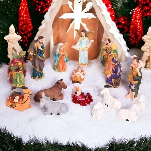 KariGhar Crib Set | Nativity Set Baby Jesus Statue Mother Mary Idol and Joseph Statue Crib Set Perfect for Christmas Decoration Kudil Set of 15 Pic | Multicolour | 3 Inch - Image 1