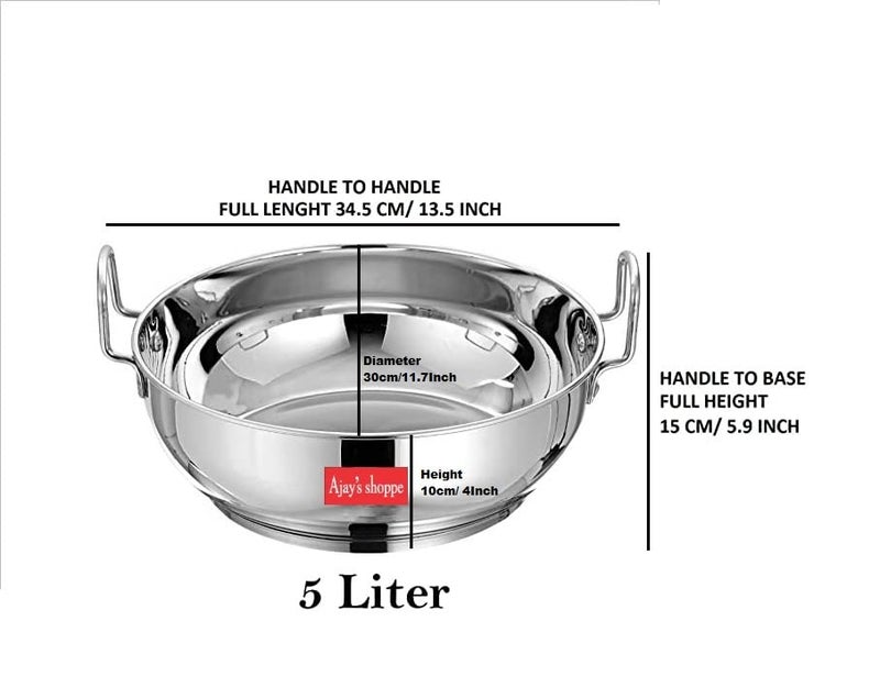 Ajay's Shoppe Ajays Shoppe Premium Stainless Steel Induction Base Heavy Gauge Kadhai 5 Liter  - Image 3