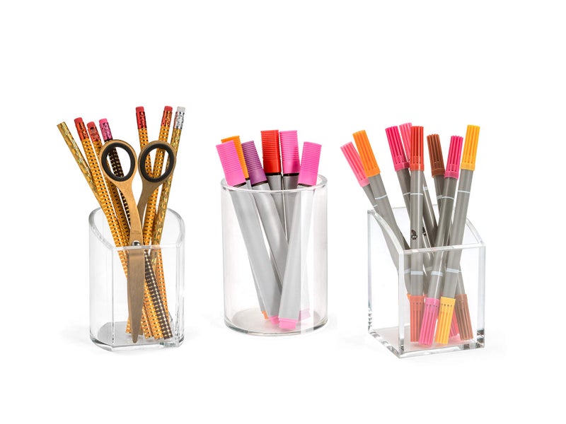 Osco Clear Acrylic Curved Pen Pot | Pencil Holder | Desk Tidy | Office Organiser | Makeup Storage | Cosmetics Display | H10 x W7.5 x D7 cm | - Image 4