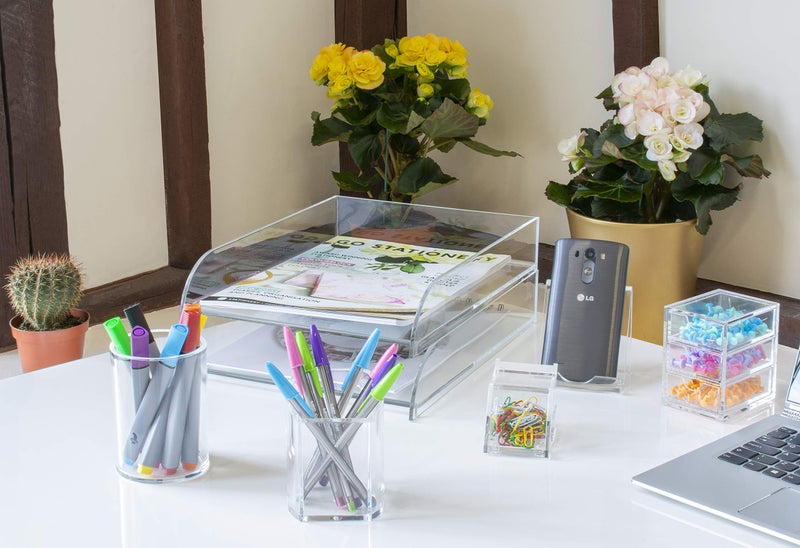 Osco Clear Acrylic Curved Pen Pot | Pencil Holder | Desk Tidy | Office Organiser | Makeup Storage | Cosmetics Display | H10 x W7.5 x D7 cm | - Image 5