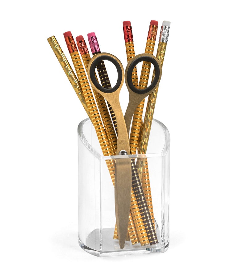 Osco Clear Acrylic Curved Pen Pot | Pencil Holder | Desk Tidy | Office Organiser | Makeup Storage | Cosmetics Display | H10 x W7.5 x D7 cm | - Image 3