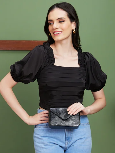 globus Women Black Self Design Party Top