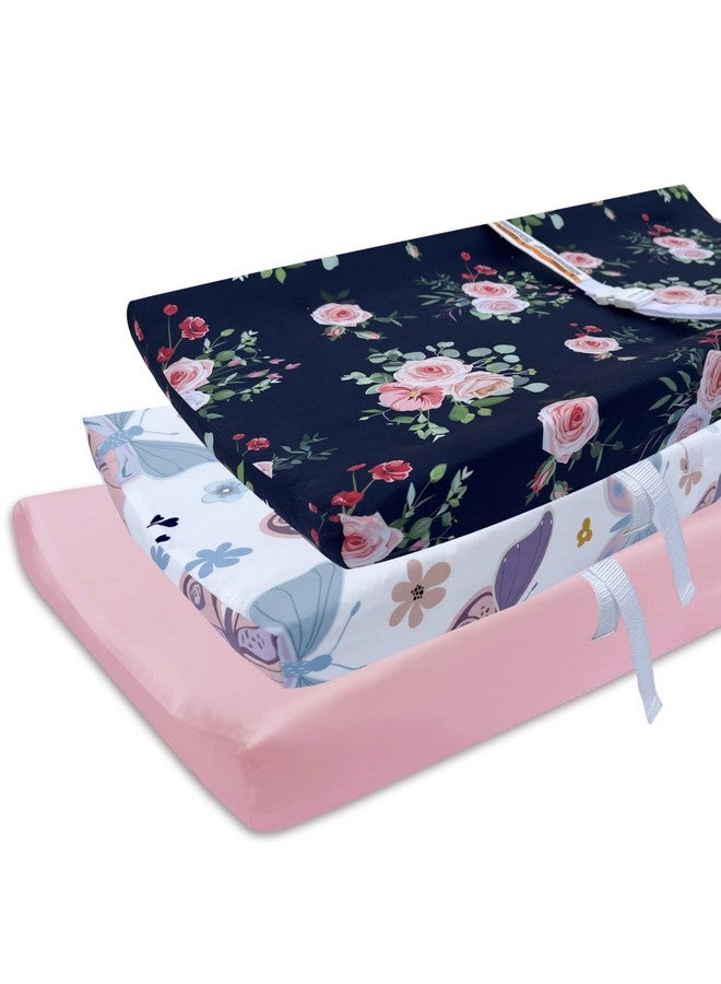 AMROSE 3 Pack Easy Care Changing Pad Covers, Ultra Soft Microfiber Diaper Change Table Sheets for Baby Girls, Floral & Butterfly & Pink - Image 1