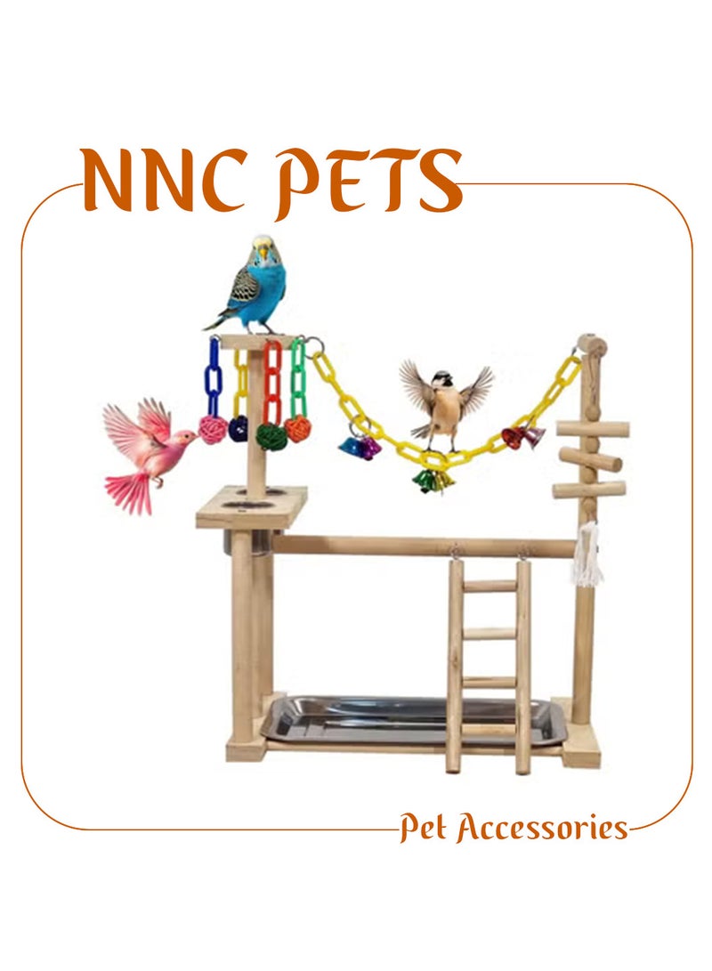 NNC PETS Wooden bird stand, Interactive bird play stand with Standing perch, Stainless steel bowls, Colorful toys, Climbing ladder, Detachable tray, and Non-slip bottom, Ideal for small birds 43 cm (Beige) - Image 1