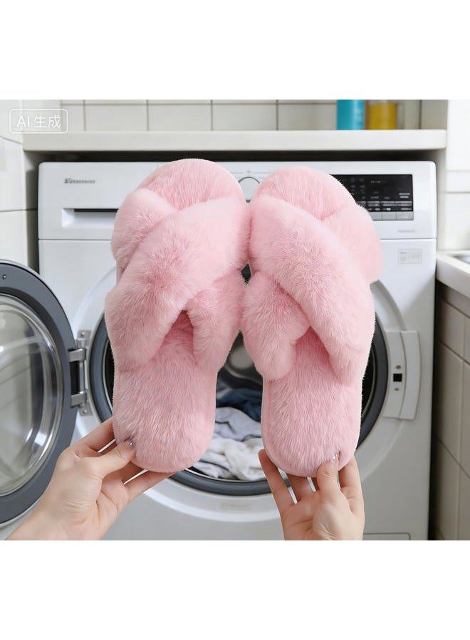 Crazy Lady Women's Fuzzy Fluffy House Slippers Cute Plush Memory Foam Shoes Cross Band Indoor Outdoor Open Toe Sandals 06/Pink, 36/37.5 EU - Image 3