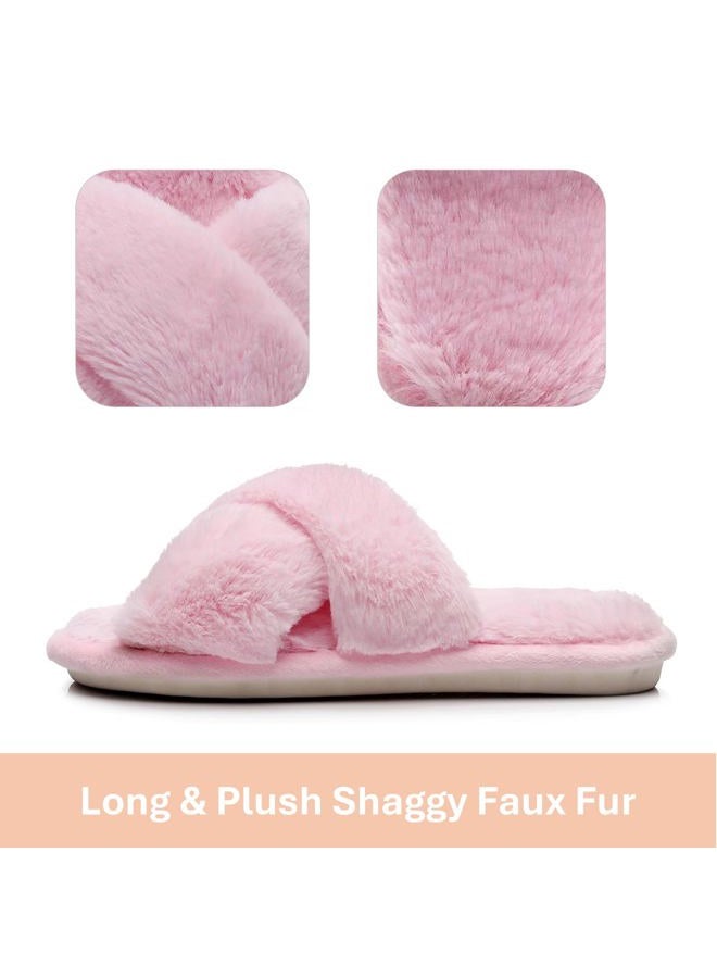 Crazy Lady Women's Fuzzy Fluffy House Slippers Cute Plush Memory Foam Shoes Cross Band Indoor Outdoor Open Toe Sandals 06/Pink, 36/37.5 EU - Image 5