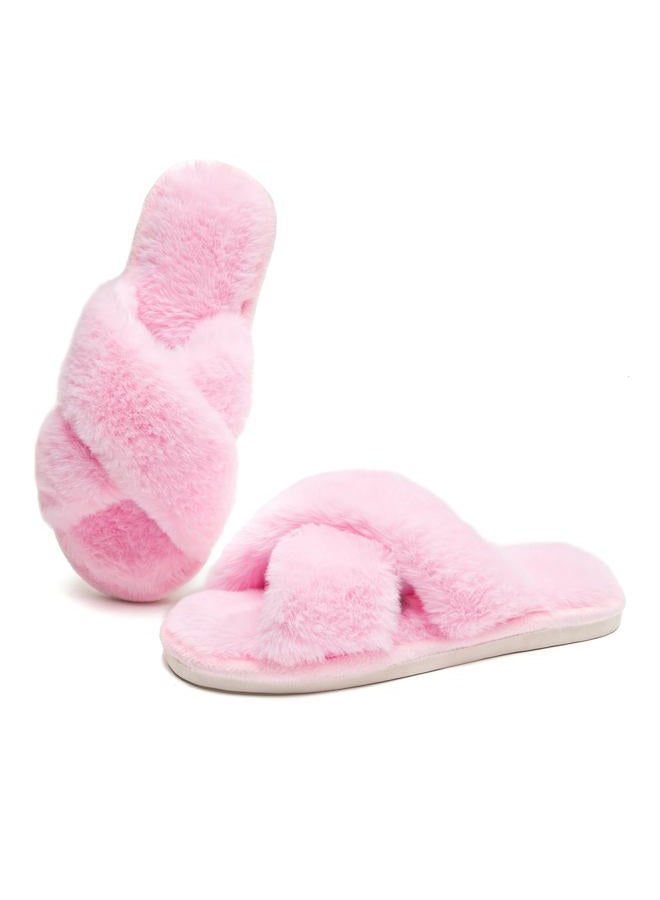 Crazy Lady Women's Fuzzy Fluffy House Slippers Cute Plush Memory Foam Shoes Cross Band Indoor Outdoor Open Toe Sandals 06/Pink, 36/37.5 EU - Image 1