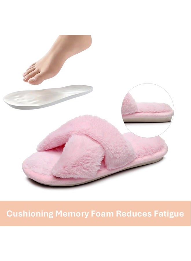 Crazy Lady Women's Fuzzy Fluffy House Slippers Cute Plush Memory Foam Shoes Cross Band Indoor Outdoor Open Toe Sandals 06/Pink, 36/37.5 EU - Image 4