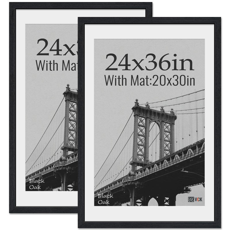 VCK 24x36 Poster Frame 2 Pack Natural Wood Grain Black Oak Display 20x30 Picture with Mat or 24x36 without Mat Wall Hanging