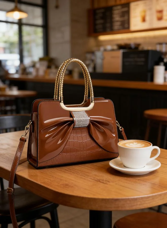 تايك تو Brown Croc-Embossed Bow Handbag