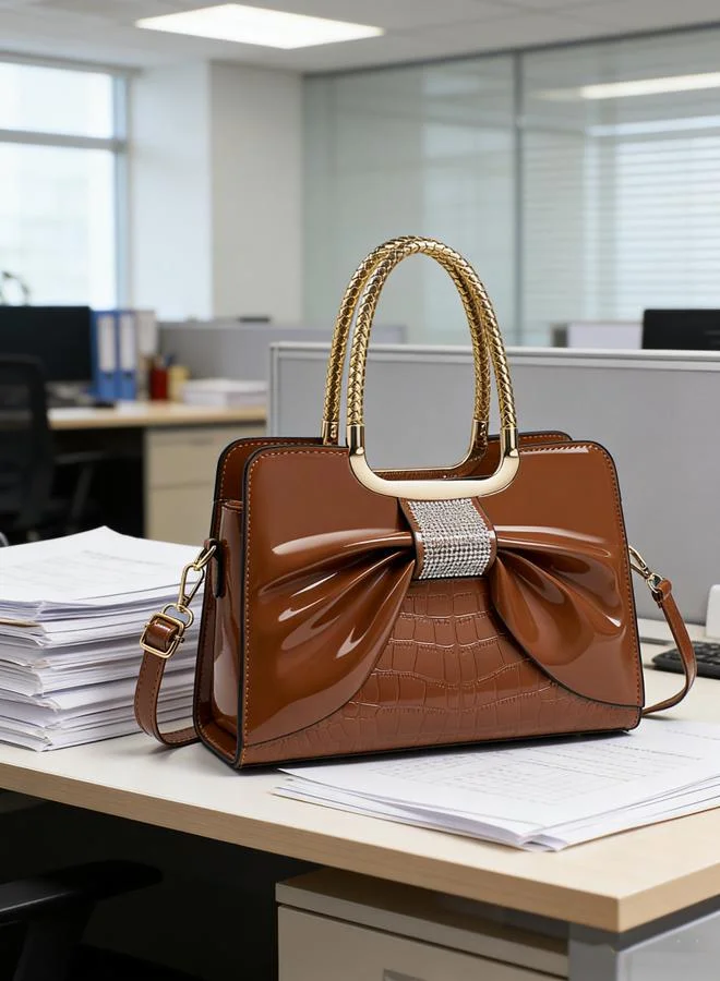 تايك تو Brown Croc-Embossed Bow Handbag