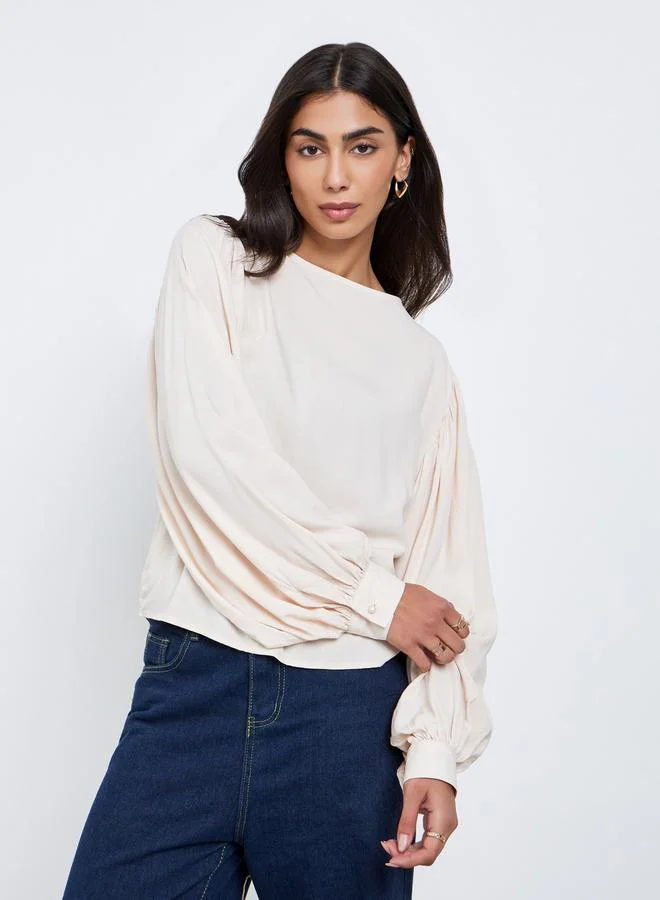 Styli Styli Cream Balloon Sleeve Blouse