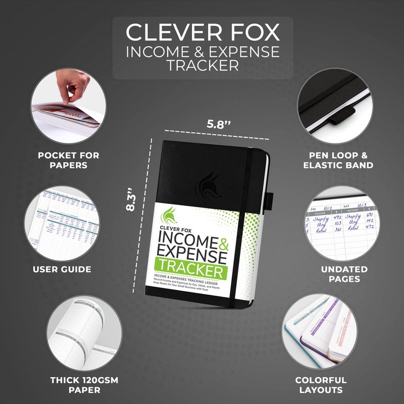 Clever Fox Income & Expense Tracker â€“ Accounting & Bookkeeping Ledger Book for Small Business â€“ 1-Year Record Notebook, A5 (Black) - Image 2