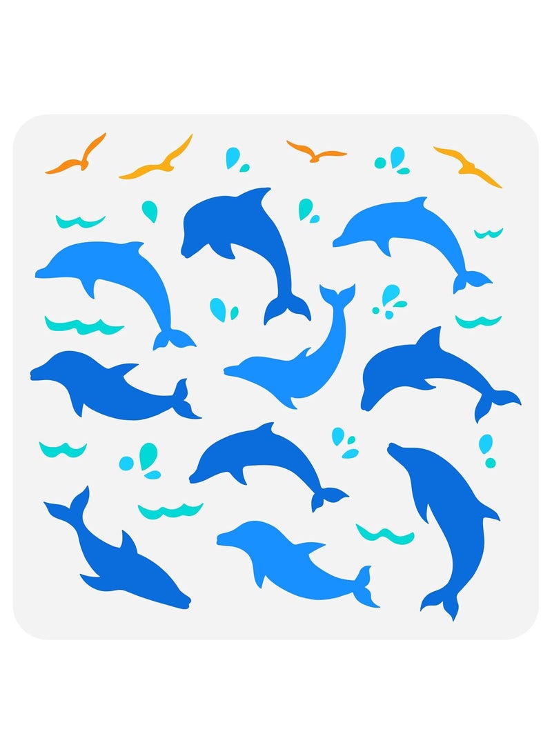 FINGERINSPIRE FINGERINSPIRE Dolphin Painting Stencil Wallpaper Alternative 11.8x11.8 inch Hollow Out Seagull Craft Stencil Reusable Plastic Marine Life Ocean Dolphin Stencil for Photo Album, Tiles, Canvas Bag  - Image 1