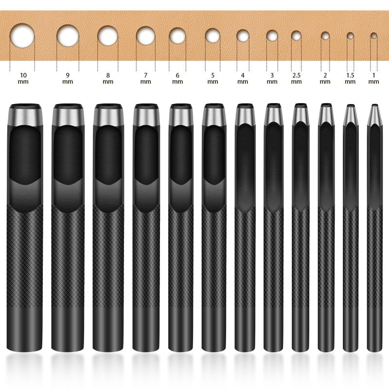 QMNNMA 12PCS Leather Hole Punch - Round Steel Leather Craft Hollow Hole Punch, Cutter Tool for Watch Bands, Leather, Belts, Canvas, Paper, Plastics (1mm to 10mm) - Image 1