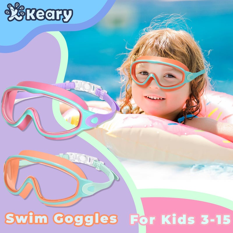 Keary 2 Pack Swim Goggles for Kids 6-14 8-14 Kids Swimming Goggles Age 3-15 4-7 4-16 8-12 For Boys Girls Youth Toddler Children Pool Water Goggle Anti Fog UV Protection Clear Wide View Waterproof Pink - Image 2