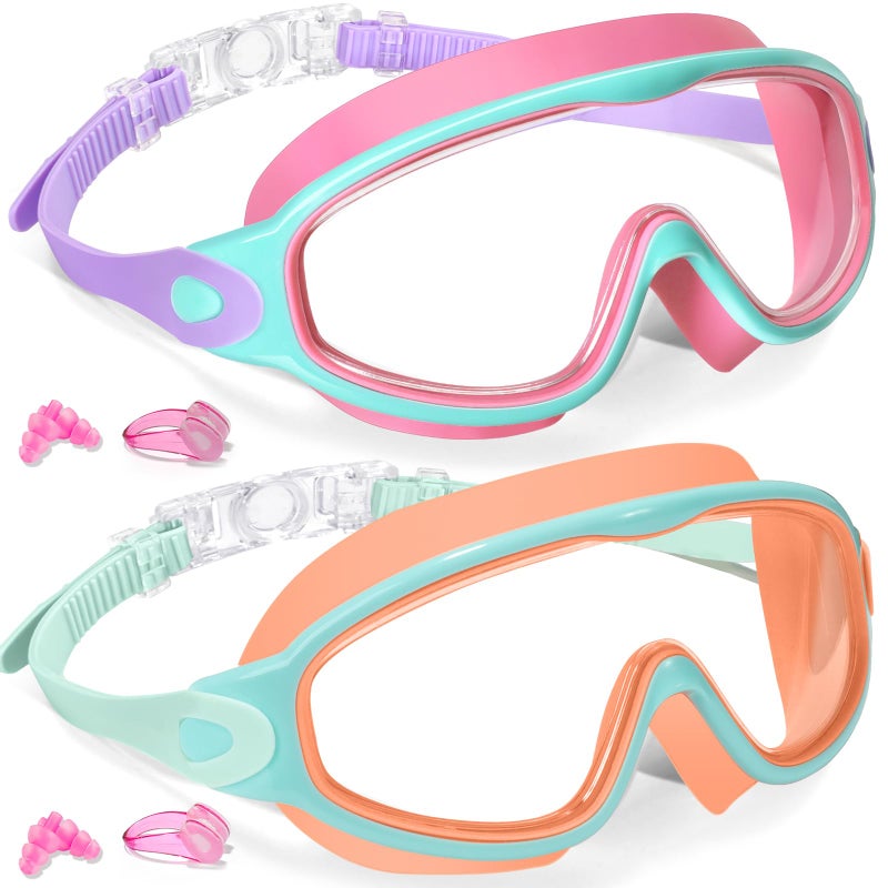 Keary 2 Pack Swim Goggles for Kids 6-14 8-14 Kids Swimming Goggles Age 3-15 4-7 4-16 8-12 For Boys Girls Youth Toddler Children Pool Water Goggle Anti Fog UV Protection Clear Wide View Waterproof Pink - Image 1