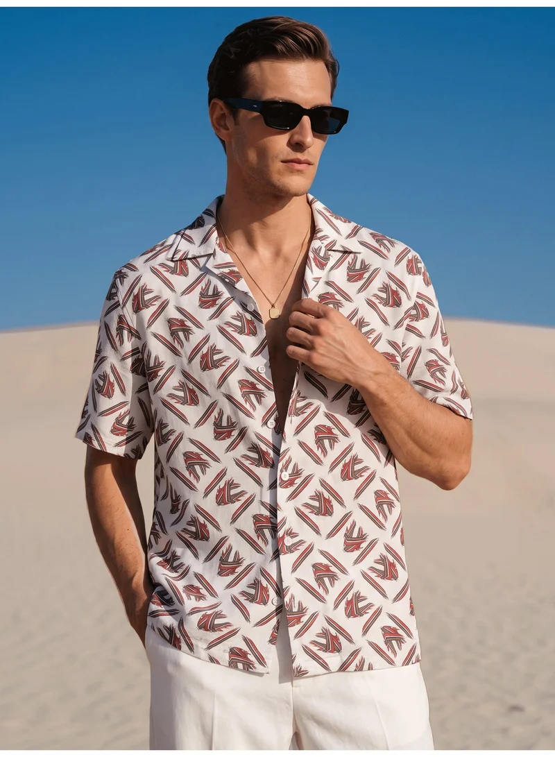 Tezhhomayaa Mythikaya Half Sleeve Cuban Collar Shirt – White Abstract Print