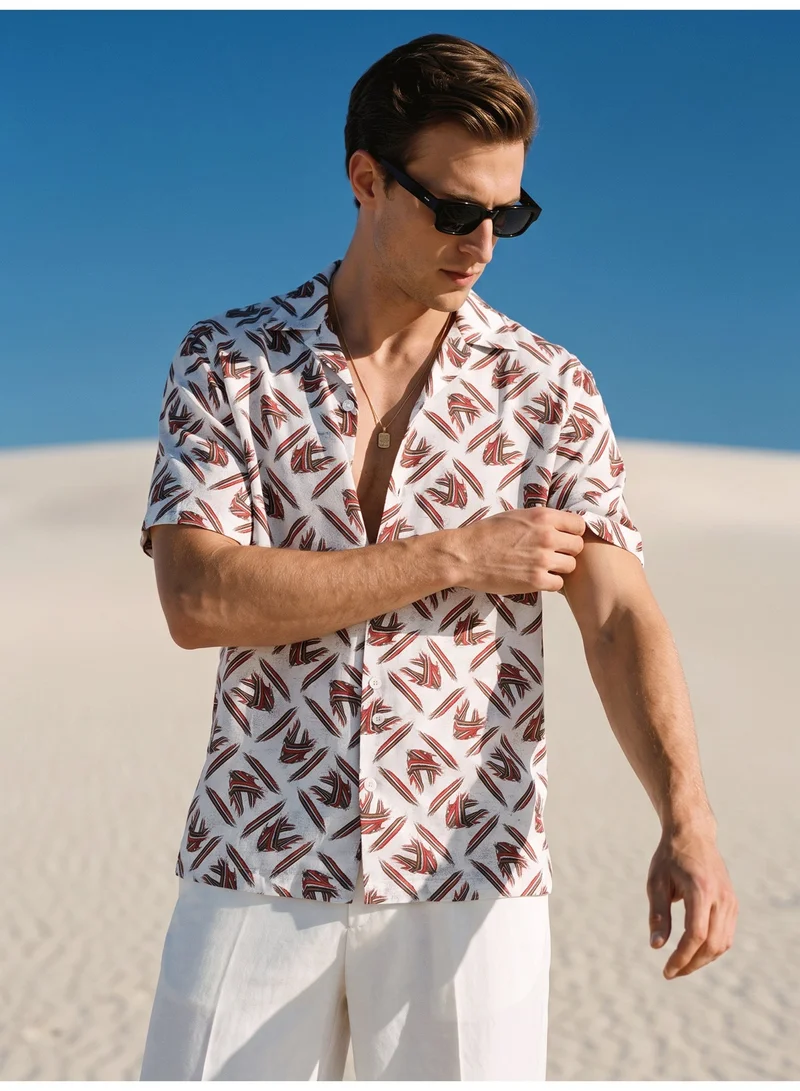 Tezhhomayaa Mythikaya Half Sleeve Cuban Collar Shirt – White Abstract Print