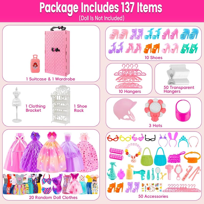 TQRAZ 137 Pcs Doll Closet Playset Clothes and Accessories for 11.5 Inch Dolls, Included Princess Dresses,Fashion Dresses,Casual Clothing,Swimsuits,Bags,Shoes,Doll Dress up Toys for Girls Kids Toddlers Gifts - Image 2