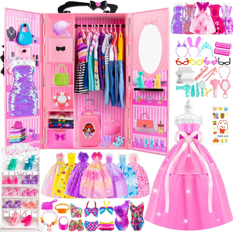 TQRAZ 137 Pcs Doll Closet Playset Clothes and Accessories for 11.5 Inch Dolls, Included Princess Dresses,Fashion Dresses,Casual Clothing,Swimsuits,Bags,Shoes,Doll Dress up Toys for Girls Kids Toddlers Gifts - Image 1