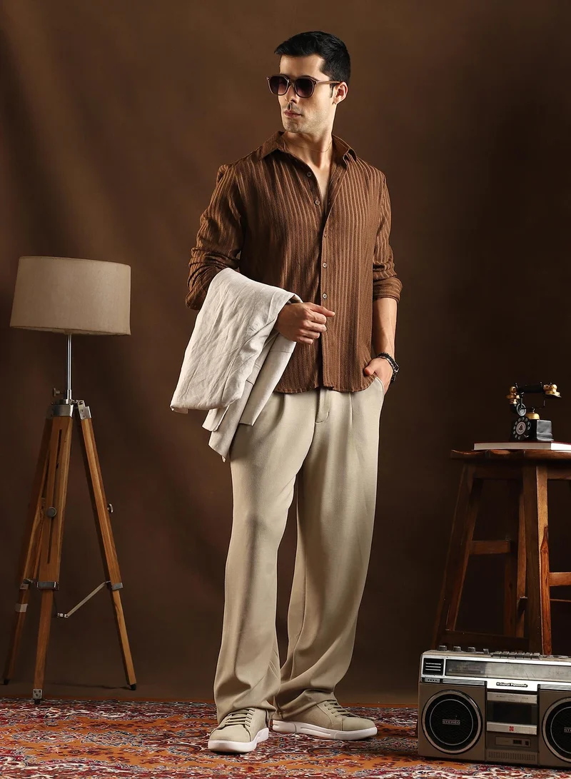 Campus Sutra Campus Sutra Men's Chocolate Brown Ripple-Trough Shirt For Casual Wear | Mid-Rise | Regular Fit | Button Closure | Shirt Crafted With Comfort Fit For Everyday Wear