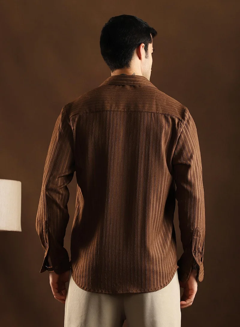 Campus Sutra Campus Sutra Men's Chocolate Brown Ripple-Trough Shirt For Casual Wear | Mid-Rise | Regular Fit | Button Closure | Shirt Crafted With Comfort Fit For Everyday Wear