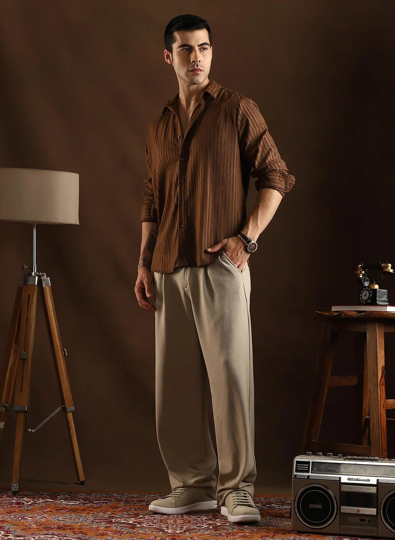 Campus Sutra Campus Sutra Men's Chocolate Brown Ripple-Trough Shirt For Casual Wear | Mid-Rise | Regular Fit | Button Closure | Shirt Crafted With Comfort Fit For Everyday Wear