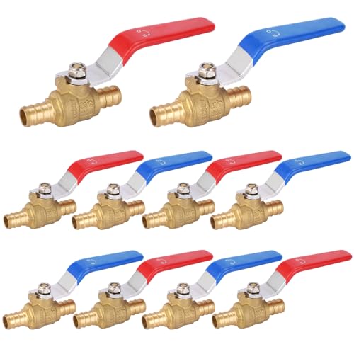 HeSun 10-PCs 1/2 Inch PEX Ball Valves, Full Port Brass Crimp Shut-off Valve, 1/4 Turn for Hot and Cold Water, ASTM F1807,Blue & Red - Image 1