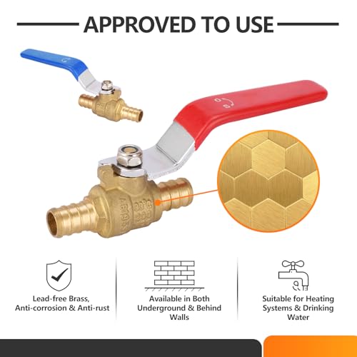 HeSun 10-PCs 1/2 Inch PEX Ball Valves, Full Port Brass Crimp Shut-off Valve, 1/4 Turn for Hot and Cold Water, ASTM F1807,Blue & Red - Image 2