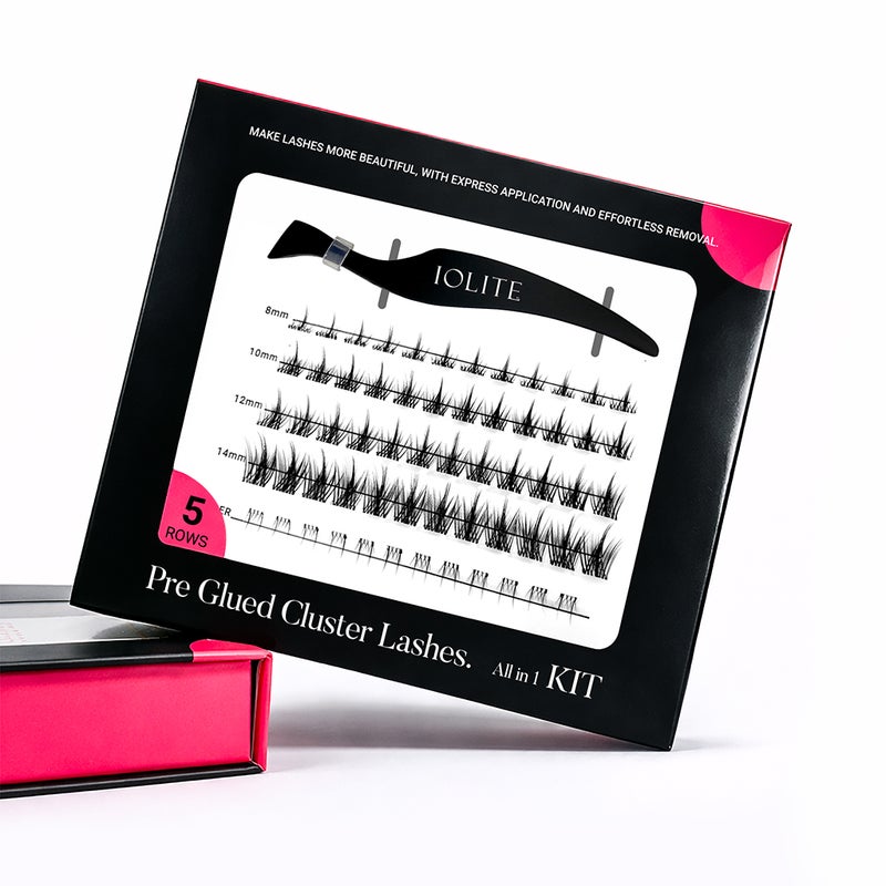 DIY Lash Clusters – Iolite Pre-Glued Premade Lash Kit, Self-Adhesive Russian Eyelash Extensions Fluffy Wispy Cat Eye False Lashes Premade Volume & Classic Clusters Easy Apply with Tweezers, Reusable
