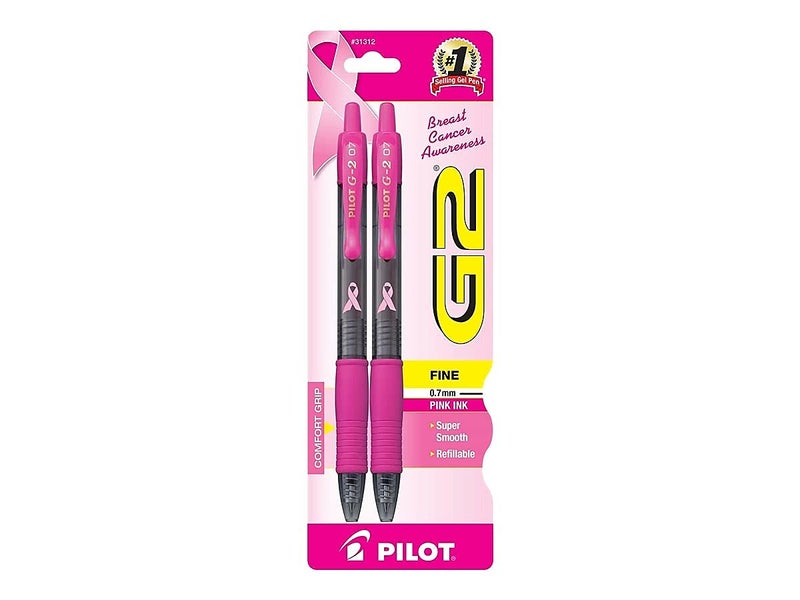 Pilot, G2 Pink Ribbon Premium Gel Roller Pens, Fine Point 0.7 mm, Pink, Pack of 2 - Image 1