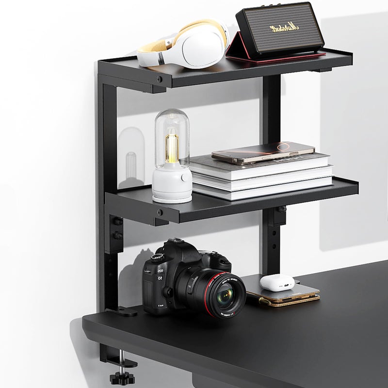 Spacrea clamp on Desk Shelf, 2 Tier Office Desk Shelves Organizer, Wood Desktop Supplies Storage Rack, Desk Organizers and Accessories (Black) - Image 1
