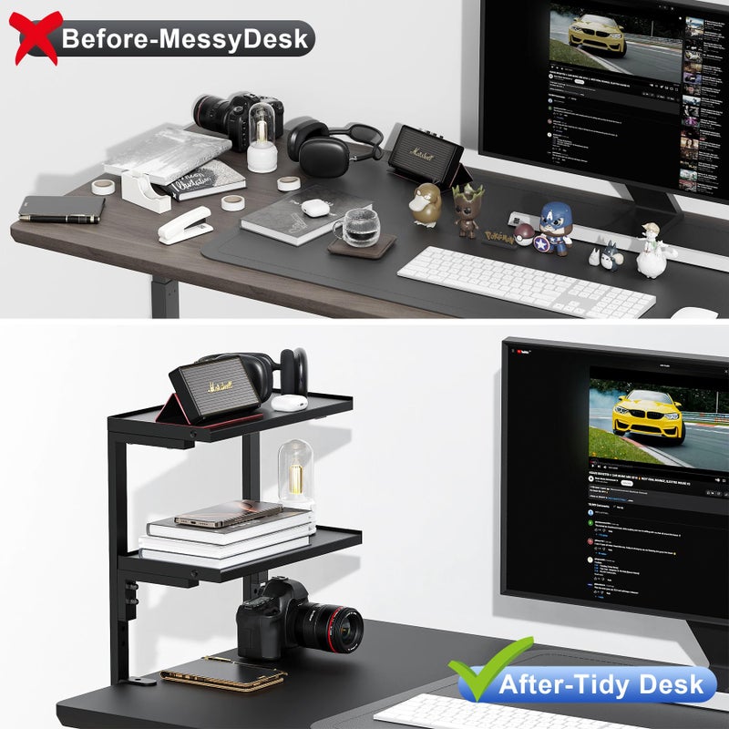 Spacrea clamp on Desk Shelf, 2 Tier Office Desk Shelves Organizer, Wood Desktop Supplies Storage Rack, Desk Organizers and Accessories (Black) - Image 2