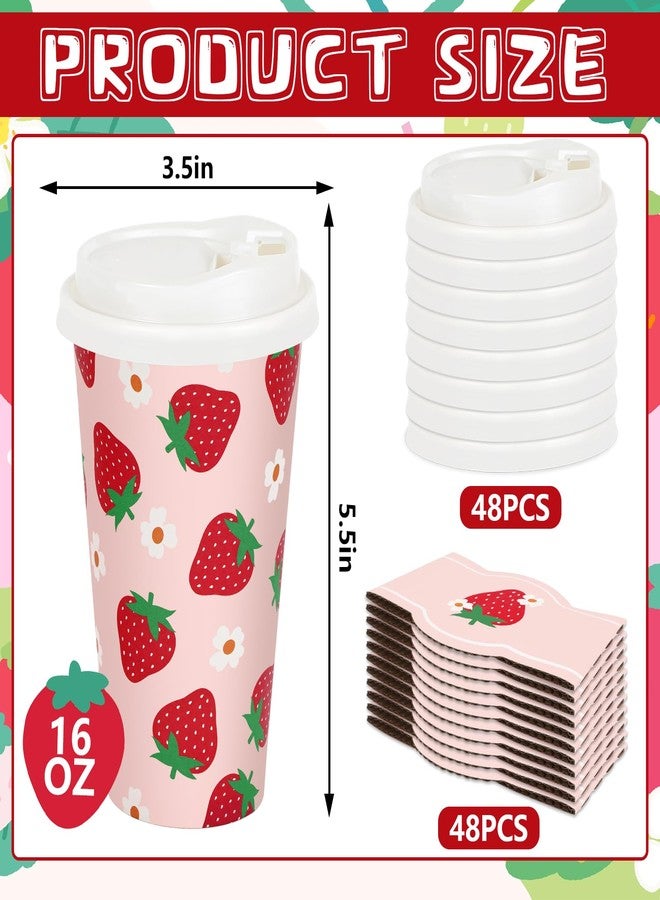 JarThenaAMCS 48 Pack Strawberry Disposable Coffee Cups with Lids and Sleeves Red Pink Strawberry Flower Paper Drinking Cups for Spring Summer Birthday Party Supplies - Image 2