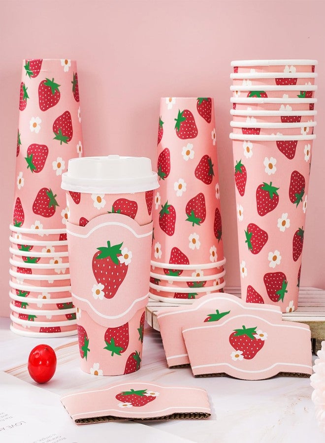 JarThenaAMCS 48 Pack Strawberry Disposable Coffee Cups with Lids and Sleeves Red Pink Strawberry Flower Paper Drinking Cups for Spring Summer Birthday Party Supplies - Image 5