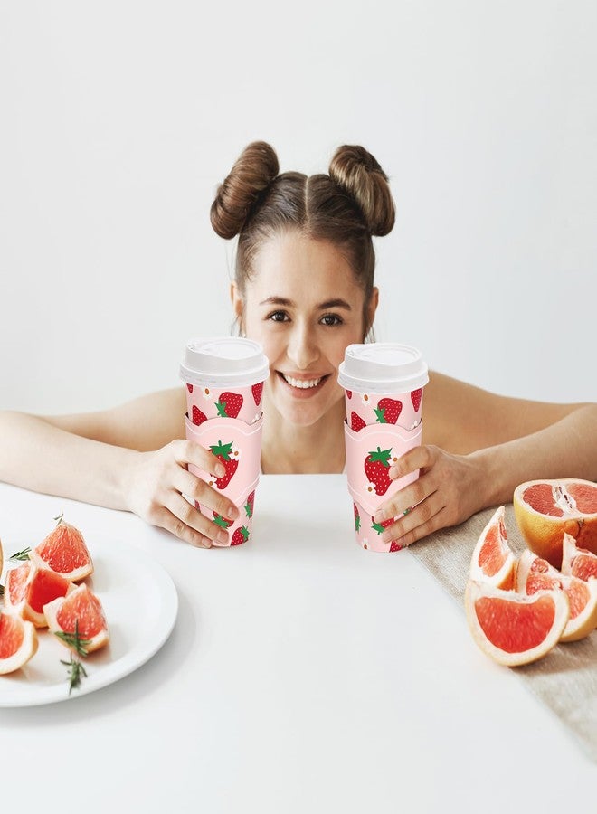 JarThenaAMCS 48 Pack Strawberry Disposable Coffee Cups with Lids and Sleeves Red Pink Strawberry Flower Paper Drinking Cups for Spring Summer Birthday Party Supplies - Image 4