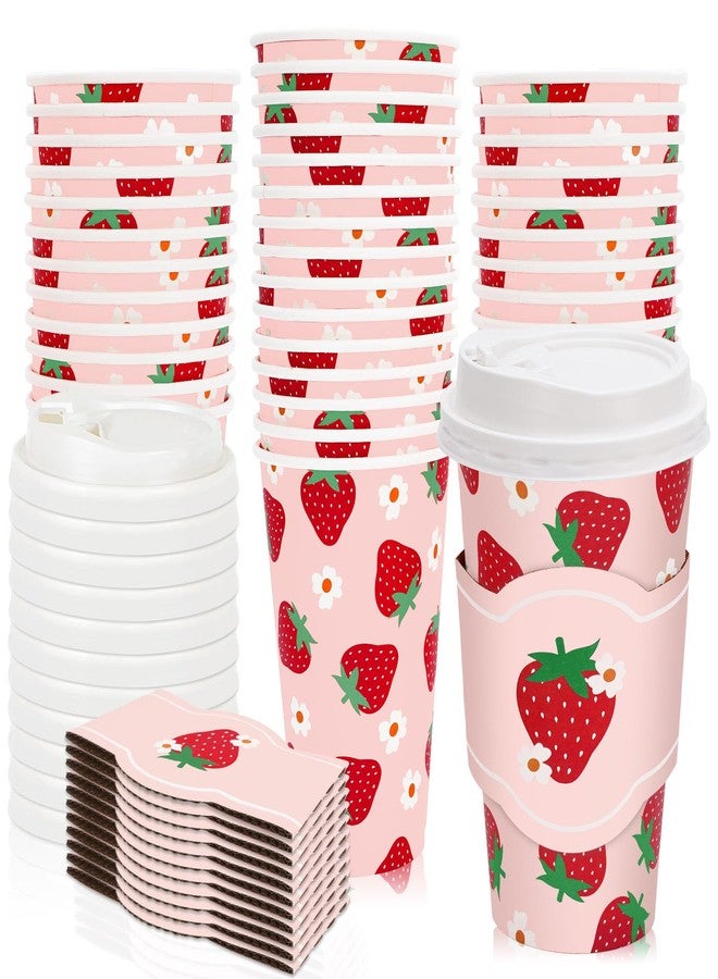 JarThenaAMCS 48 Pack Strawberry Disposable Coffee Cups with Lids and Sleeves Red Pink Strawberry Flower Paper Drinking Cups for Spring Summer Birthday Party Supplies - Image 1