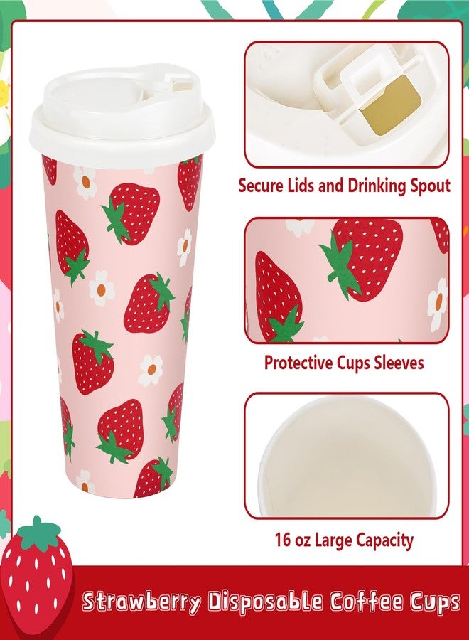 JarThenaAMCS 48 Pack Strawberry Disposable Coffee Cups with Lids and Sleeves Red Pink Strawberry Flower Paper Drinking Cups for Spring Summer Birthday Party Supplies - Image 3