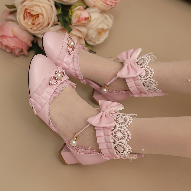 Spring 2024 Thick Heel Middle Heel Bow 28-43 Size Lace Edge Pearl Shoes - Image 5