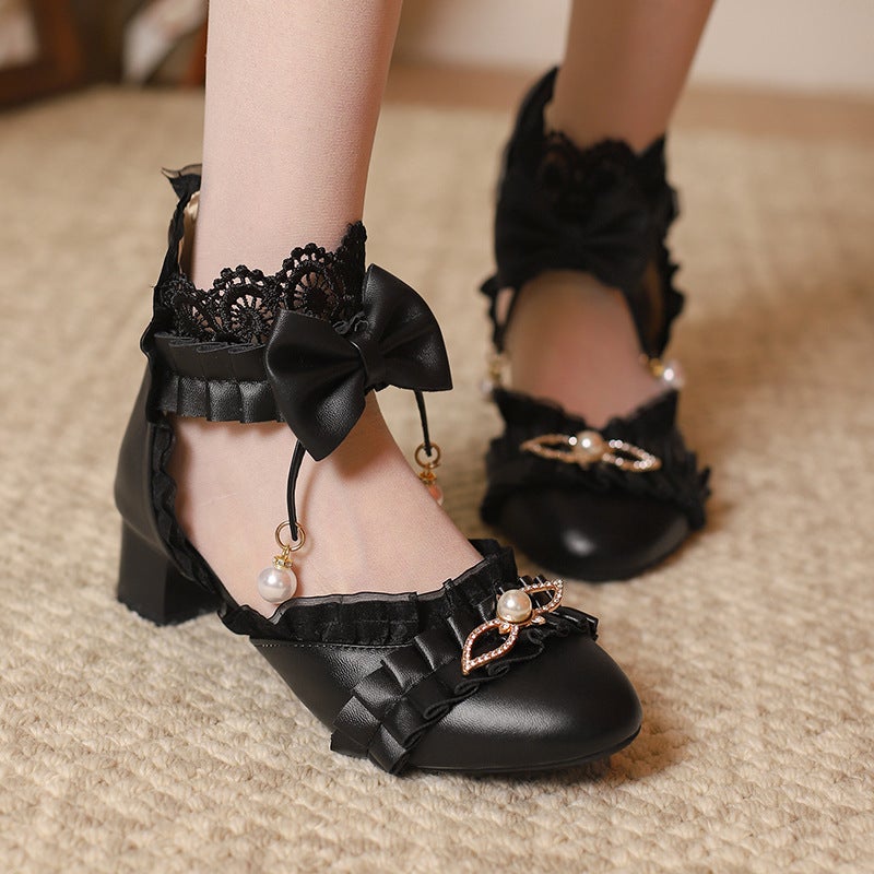 Spring 2024 Thick Heel Middle Heel Bow 28-43 Size Lace Edge Pearl Shoes - Image 4