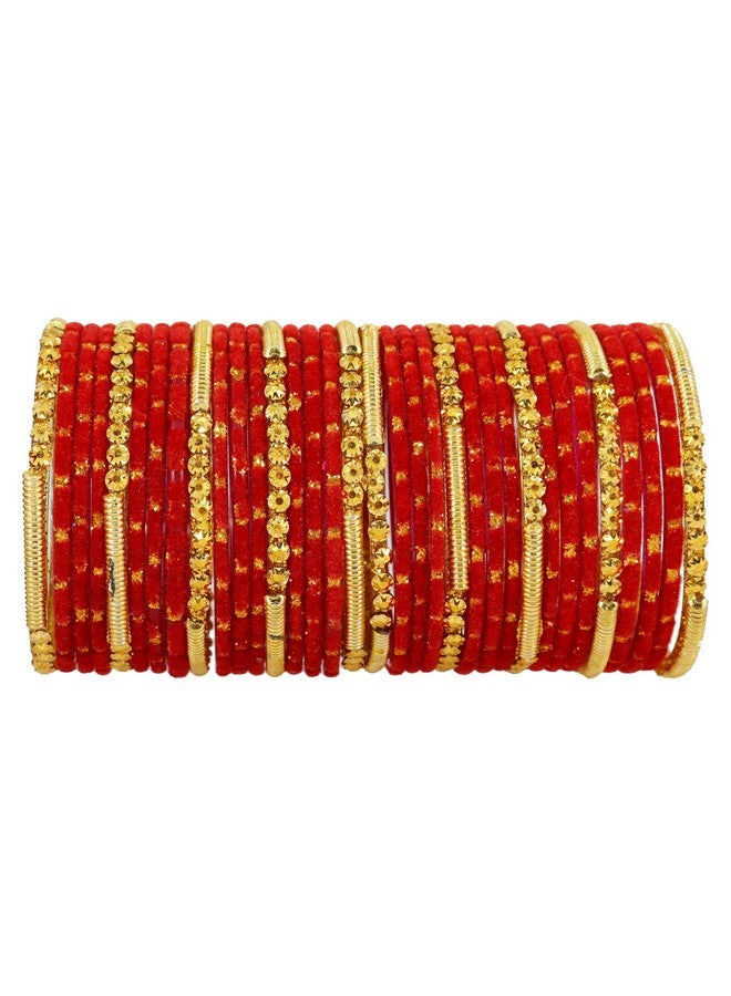 NMII Fancy Glass Golden Beads & Polka Dots Velvet Bangles Set For Women and Girls | Stylish Designer Bangles | Glass Chudi | Women's Fashion Jewellery, (Spring Set-(2)-Red-2.8 Inches) - Image 1