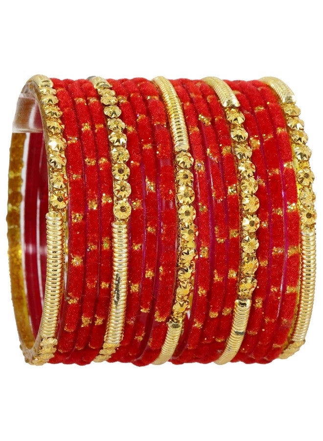 NMII Fancy Glass Golden Beads & Polka Dots Velvet Bangles Set For Women and Girls | Stylish Designer Bangles | Glass Chudi | Women's Fashion Jewellery, (Spring Set-(2)-Red-2.8 Inches) - Image 3