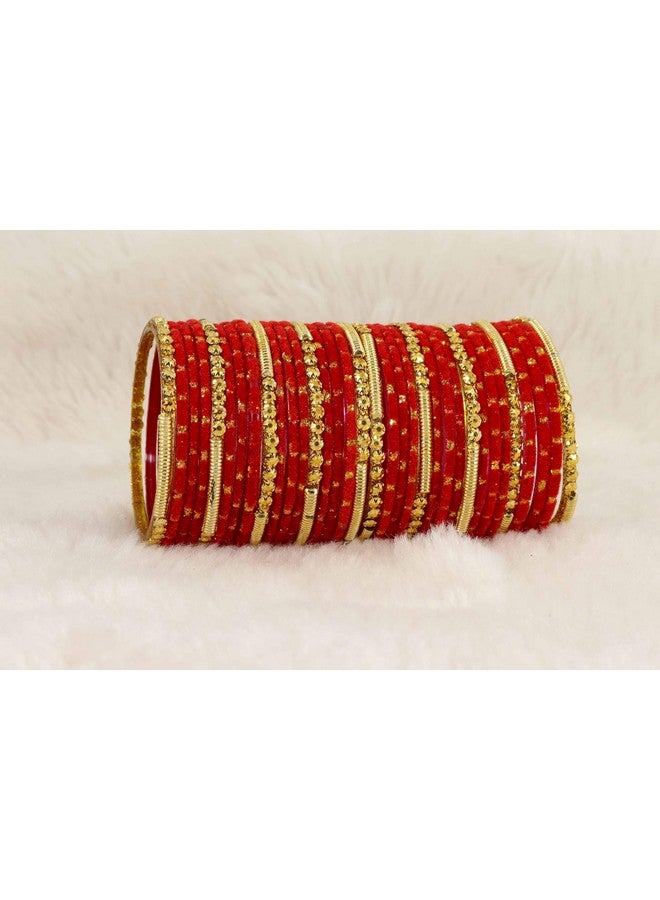 NMII Fancy Glass Golden Beads & Polka Dots Velvet Bangles Set For Women and Girls | Stylish Designer Bangles | Glass Chudi | Women's Fashion Jewellery, (Spring Set-(2)-Red-2.8 Inches) - Image 2