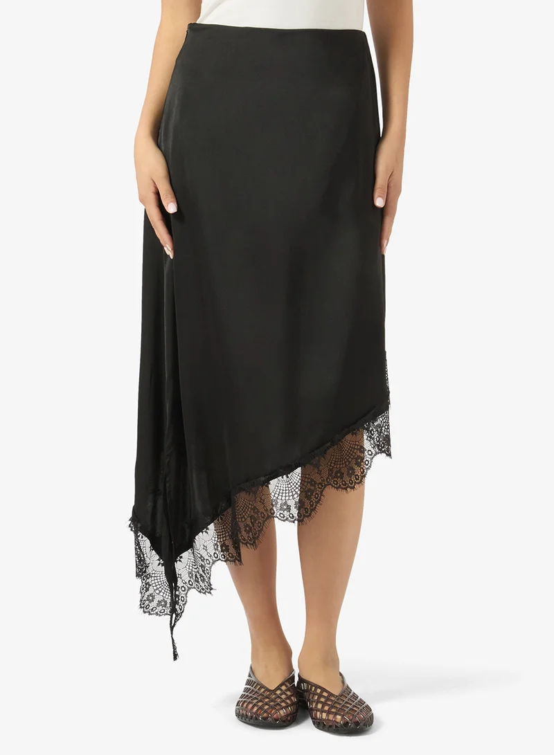 Ginger Satin Assymetric Skirt with Lace Hem