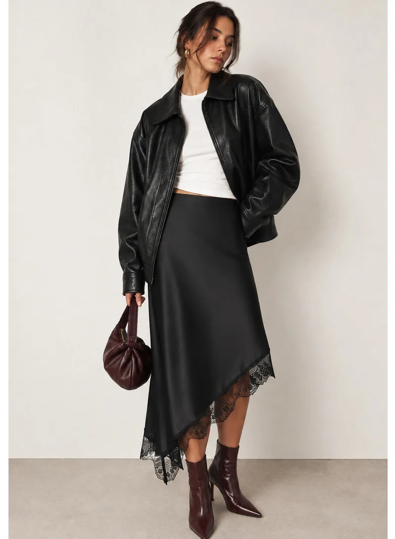 Ginger Satin Assymetric Skirt with Lace Hem