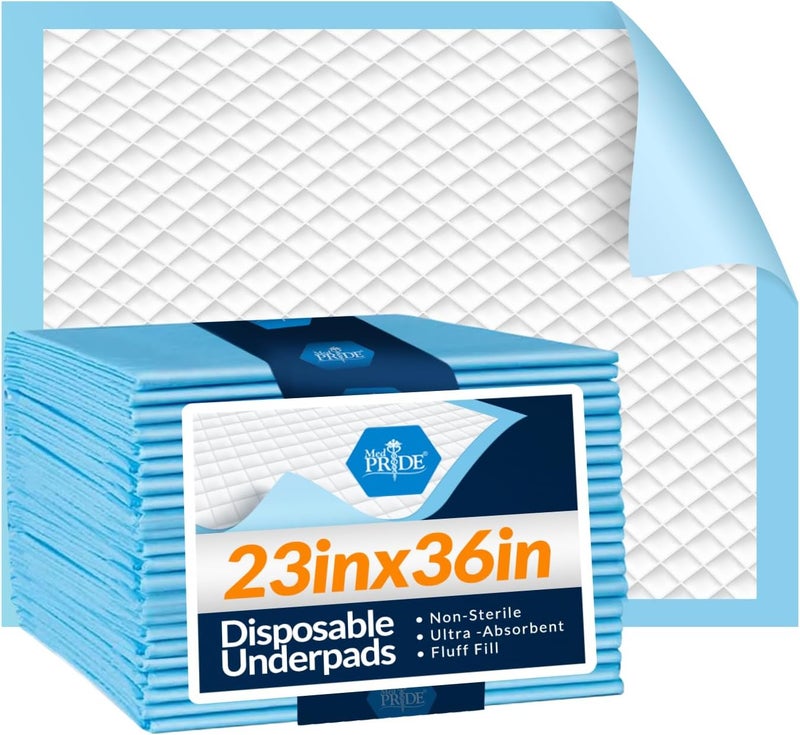 Medpride وسادات تحتية قابلة للتخلص 23'' × 36'' (25-عدد) وسادات سلس البول، تشوكس، أغطية سرير، تدريب جراء | حماية سميكة، فائقة الامتصاص للأطفال، البالغين، كبار السن | سائل، بول، حوادث - Image 1