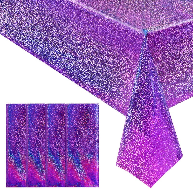 Just Shimmer 4 pcs Purple Holographic Laser Tablecloths Iridescence Shiny Table Covers 40" x 108" Foil Disposable Rectangle Table cloths for Halloween Bachelorette Birthday Party Wedding Anniversary Decor - Image 1