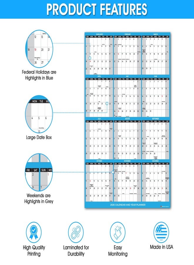 DVN Learning 2026 Wall Calendar with Double Sided Tape for Wall hanging, Large Wet & Dry Erase Laminated, Size 12" x 18", 12 Month Annual Yearly Wall Planner, Reversible, Horizontal/Vertical - Image 3